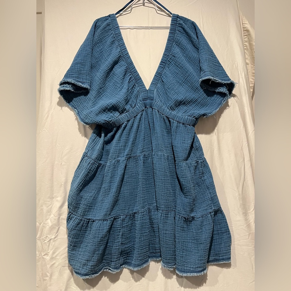 Aerie Soft Guazy Blue Distressed Denim Look Knit Cotton Dress Coverup Tiered